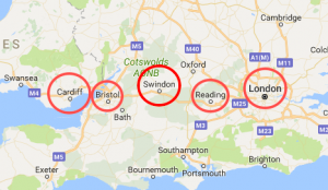 Map showing Swindon, Cardiff, Reading, Bristol and London